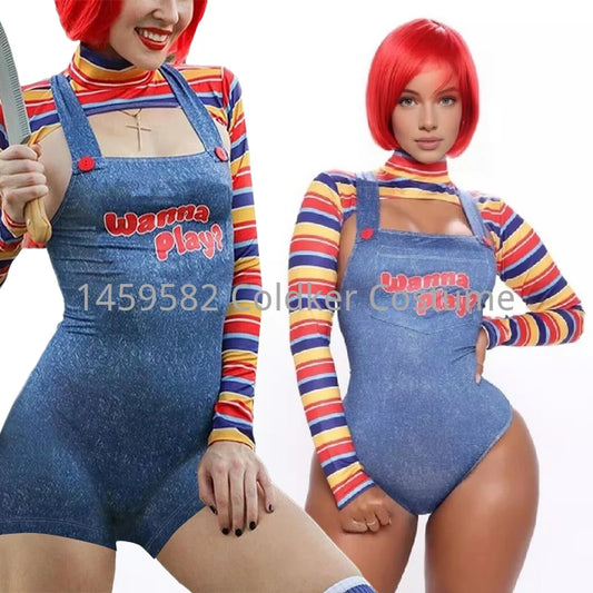 Disfraces de Halloween para mujer, 2 uds., muñeca asesina de pesadilla aterradora, traje de personaje de película, conjunto de disfraz de Cosplay de muñeca Chucky
