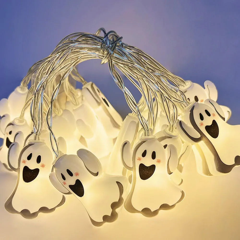 Luces de cadena LED para decoración de Halloween, lámpara colgante de telaraña fantasma de calabaza, accesorios de linterna para el hogar y al aire libre
