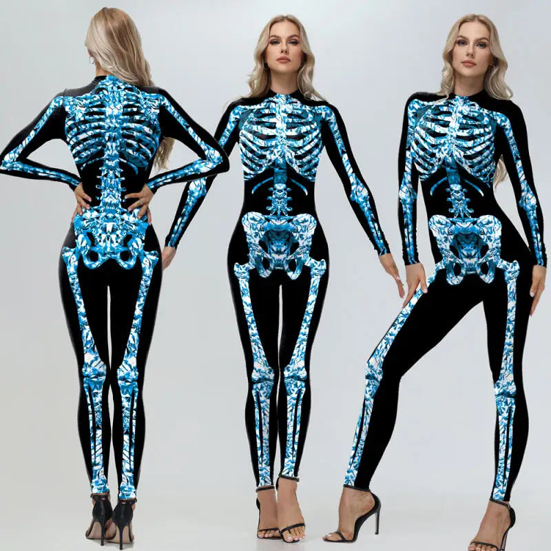 [Eres mi secreto] Cosplay Zombie Scary esqueleto mono estampado disfraz de fiesta de Halloween mono Zenti para mujer Día de los muertos
