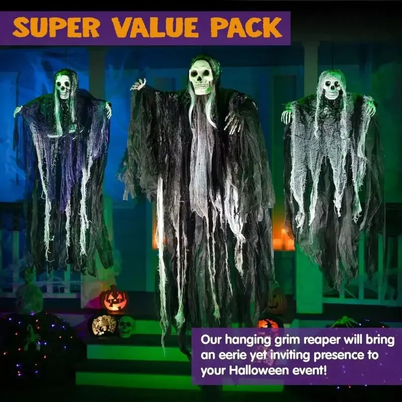 Esqueleto colgante de Halloween, decoraciones de fantasmas, Reapers Grim para Halloween, Control de sonido al aire libre, fantasma iluminado