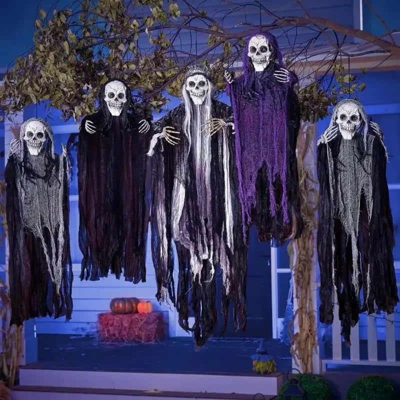 Esqueleto colgante de Halloween, decoraciones de fantasmas, Reapers Grim para Halloween, Control de sonido al aire libre, fantasma iluminado