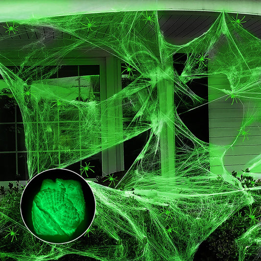 Telas de araña fluorescentes de Halloween, telarañas que brillan en la oscuridad, telaraña de Halloween, decoraciones de terror al aire libre