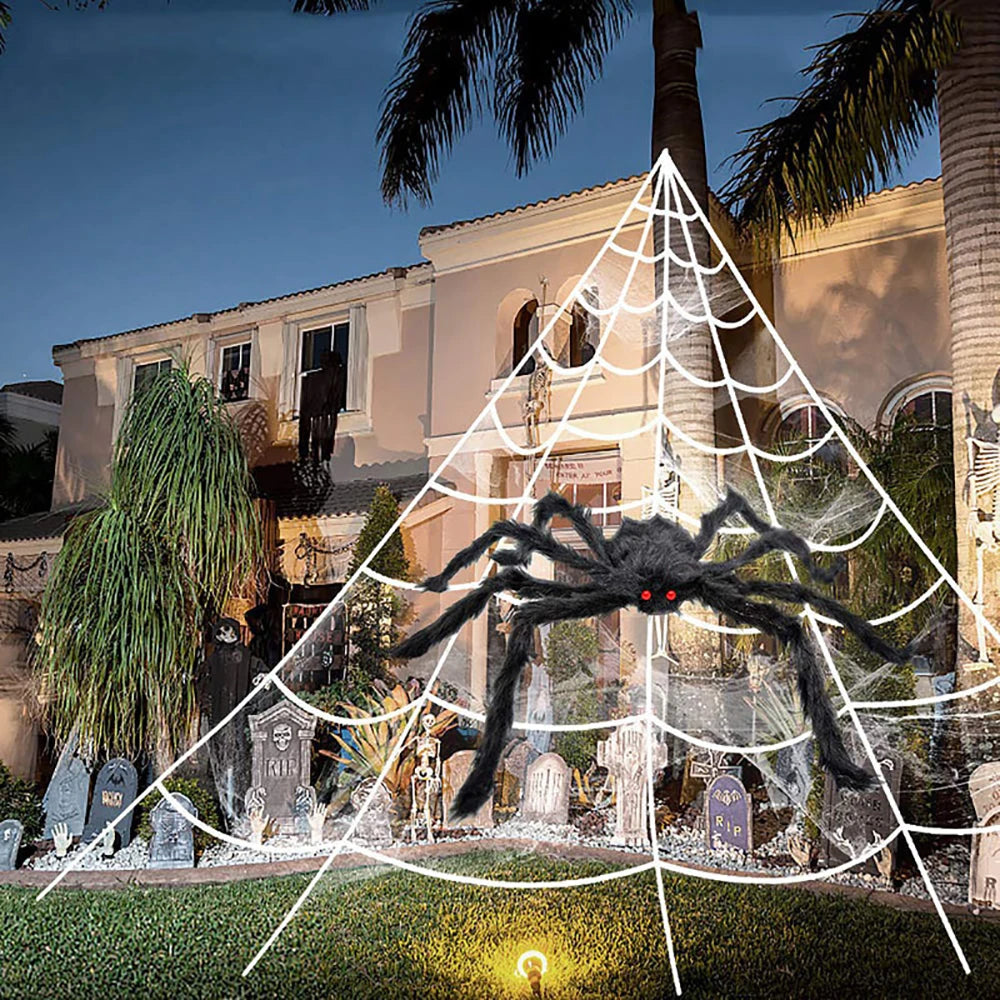 Telaraña triangular de Halloween, telaraña de simulación de felpa grande de 5m, accesorios de decoración de patio al aire libre para el hogar embrujado