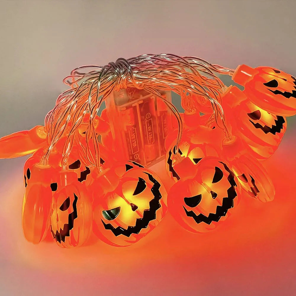 Luces de cadena LED para decoración de Halloween, lámpara colgante de telaraña fantasma de calabaza, accesorios de linterna para el hogar y al aire libre