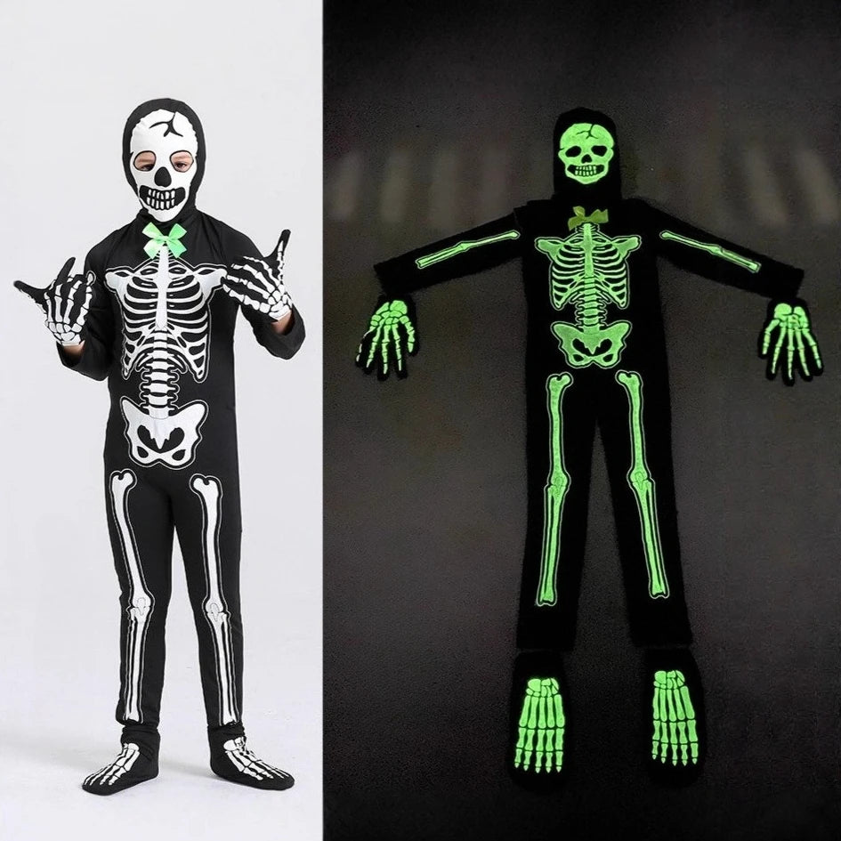 Disfraz de monstruo esqueleto de Halloween, mono con luz nocturna de esqueleto, disfraz de fiesta de terror de Carnaval