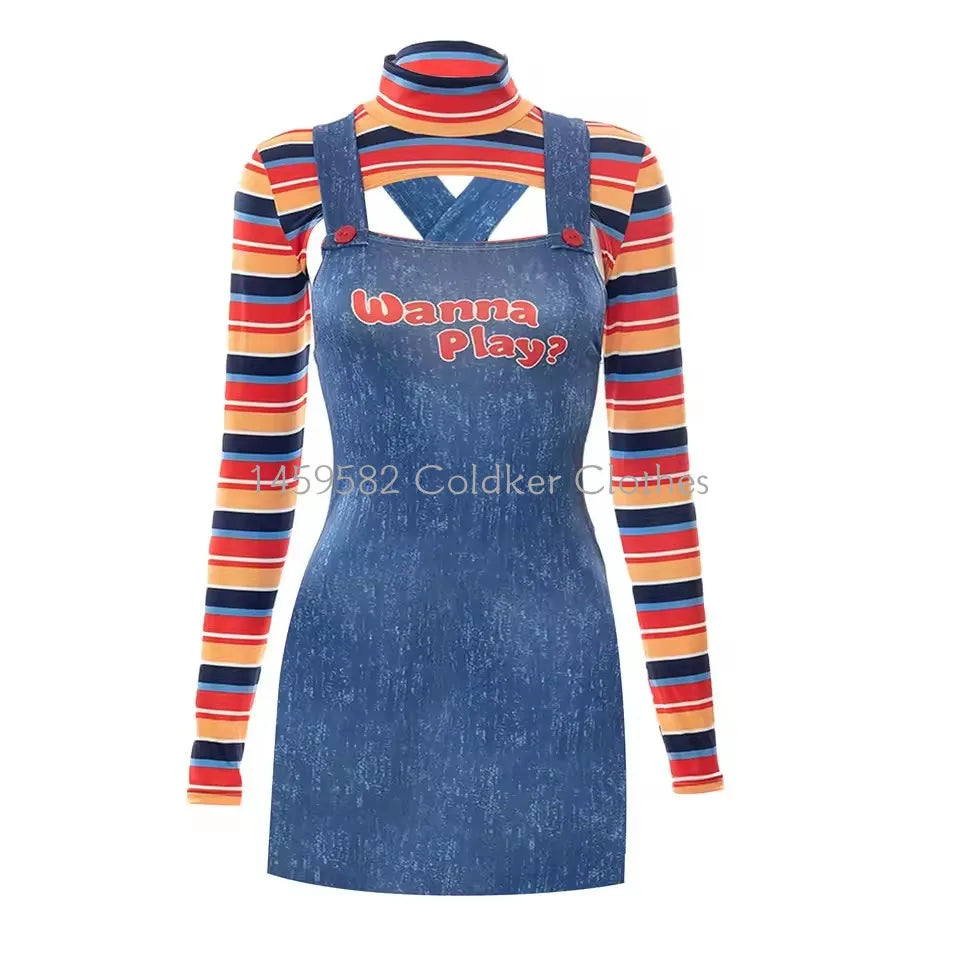 Disfraces de Halloween para mujer, 2 uds., muñeca asesina de pesadilla aterradora, traje de personaje de película, conjunto de disfraz de Cosplay de muñeca Chucky